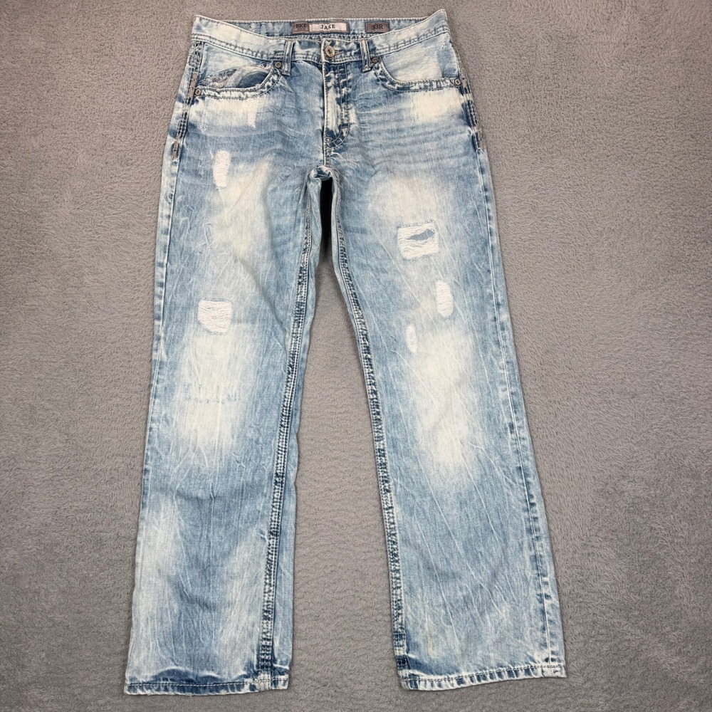 BKE Jake Straight Leg Distressed Light Wash Jeans Mens 33R Light Blue Denim